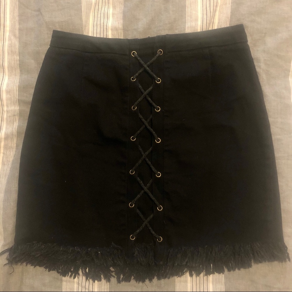 Black denim mini skirt, lace up detail, zipper
